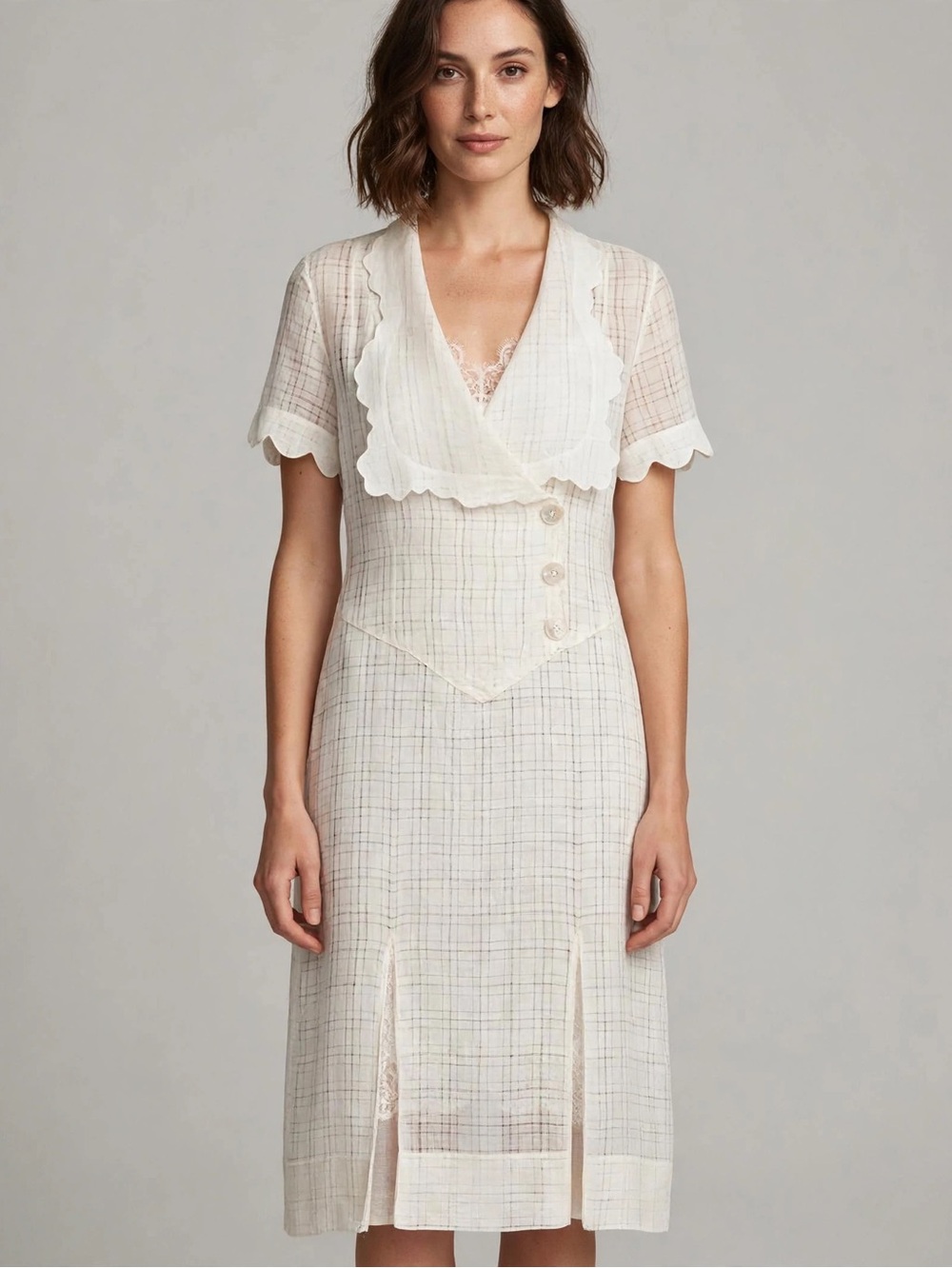 1930’s 1940’s Antique Cotton Lingerie Day Dress Sz M Cream MOP Buttons - Fair - Picture 2 of 12